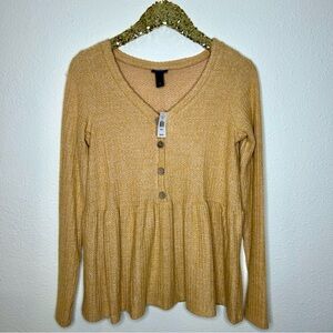 Daytrip Women's Heathered Mustard Button-Front Waffle Peplum Top M